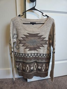 American Eagle Outfitters Beige and Brown Aztec Scoop Neck Sweater